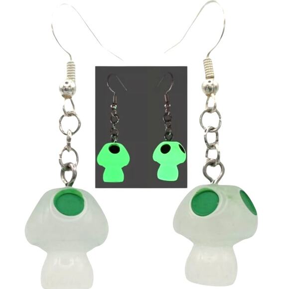 Glow in the Dark Mushroom Earrings Green – Rave Festival Gamer Style - Picture 1 of 3